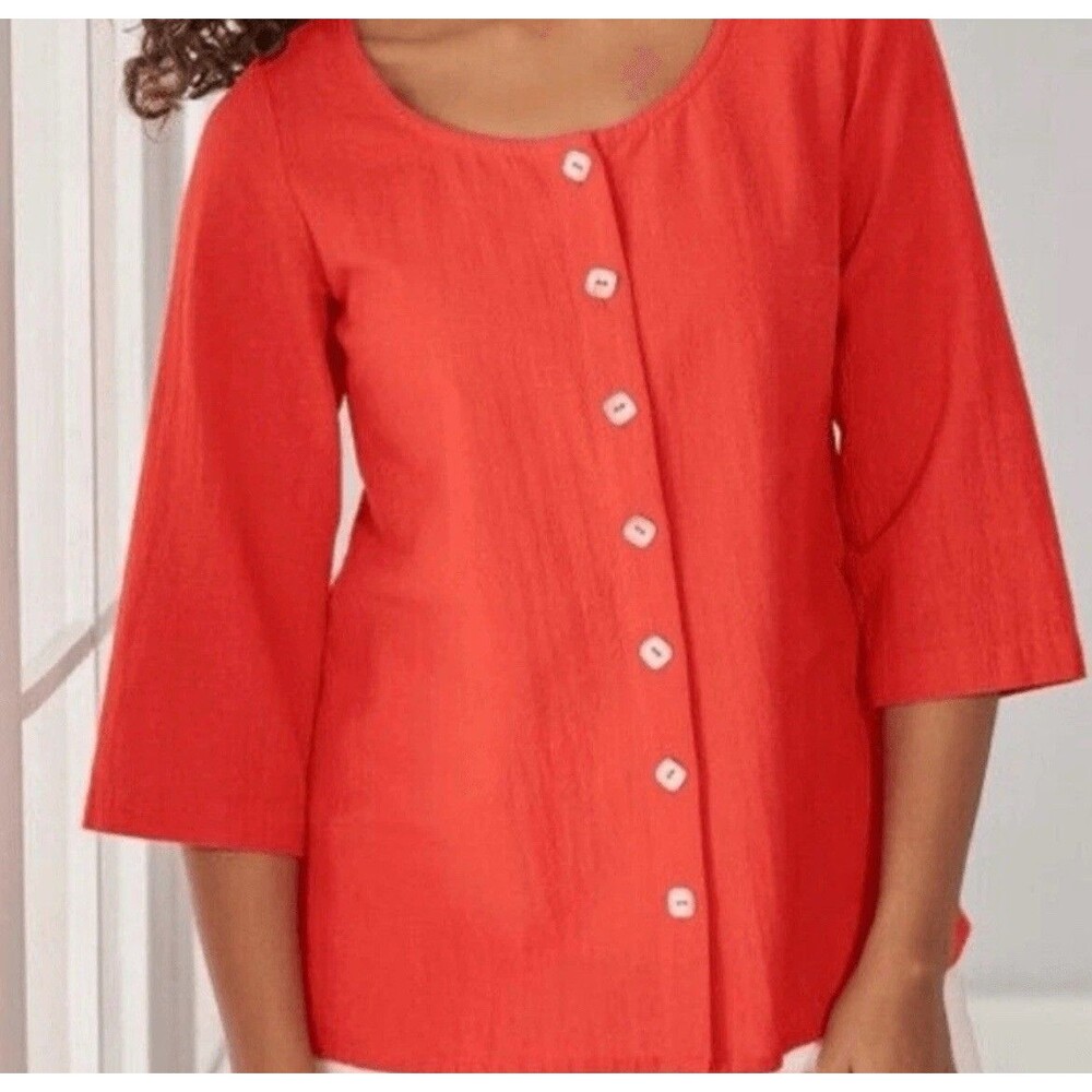 Soft Surroundings gauze bar harbor button front 3/4 sleeve Red top Size Large